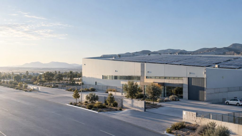 Nave industrial de un polígono con instalación fotovoltaica en la cubierta