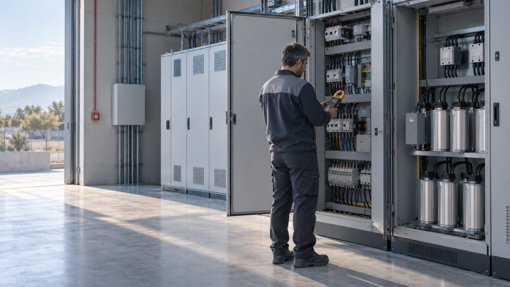 Técnico revisando un cuadro eléctrico industrial junto a una batería de condensadores