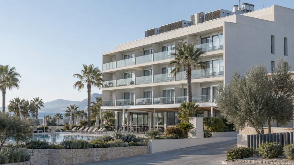 Fachada de un hotel mediterráneo con zona de piscina