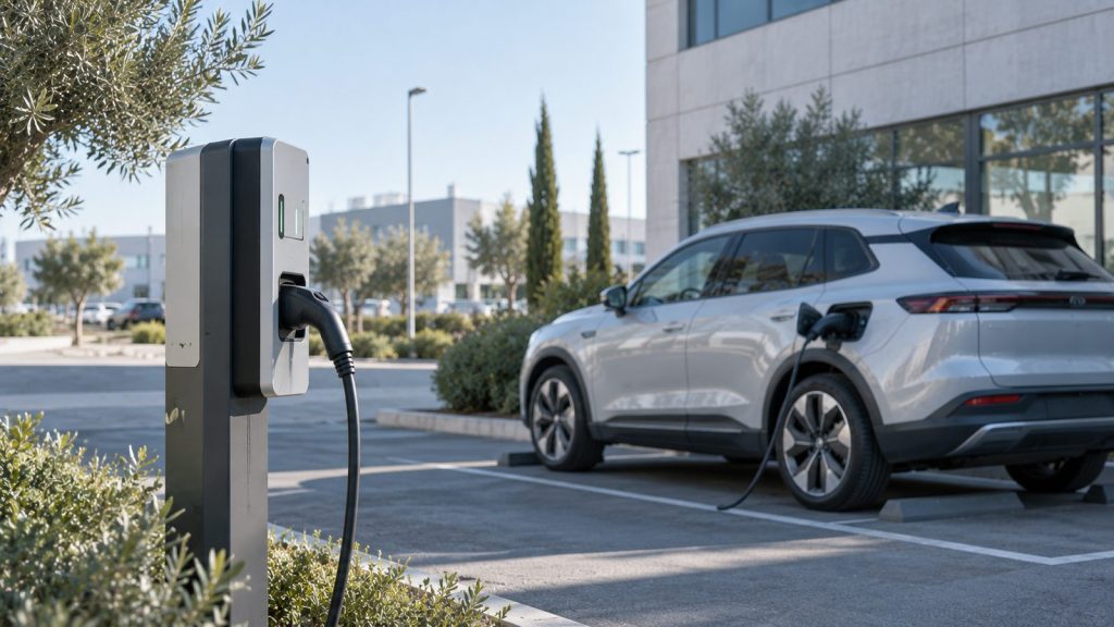 Poste de recarga con un vehículo eléctrico enchufado en el aparcamiento de una empresa