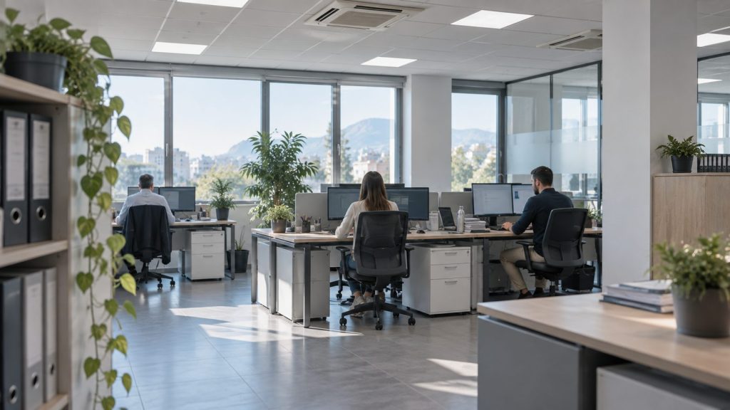Espacio de trabajo de una oficina con varias personas trabajando