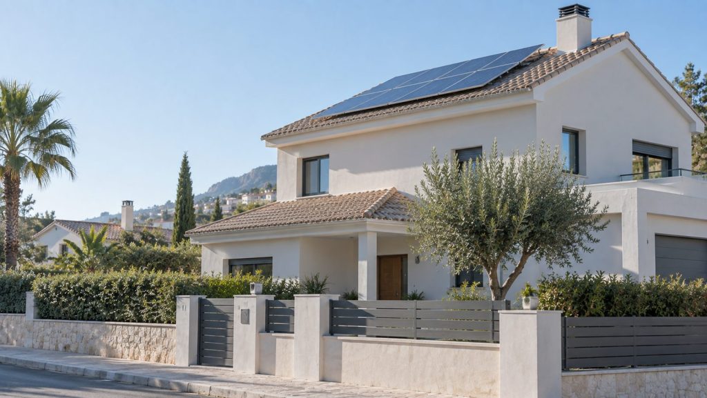 Vivienda unifamiliar mediterránea con placas solares en el tejado